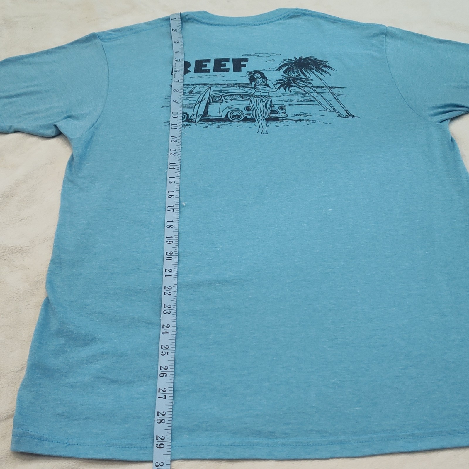 Reef Mens Turquoise Graphic Tee With Surf & Palm Tree Design Size Large
