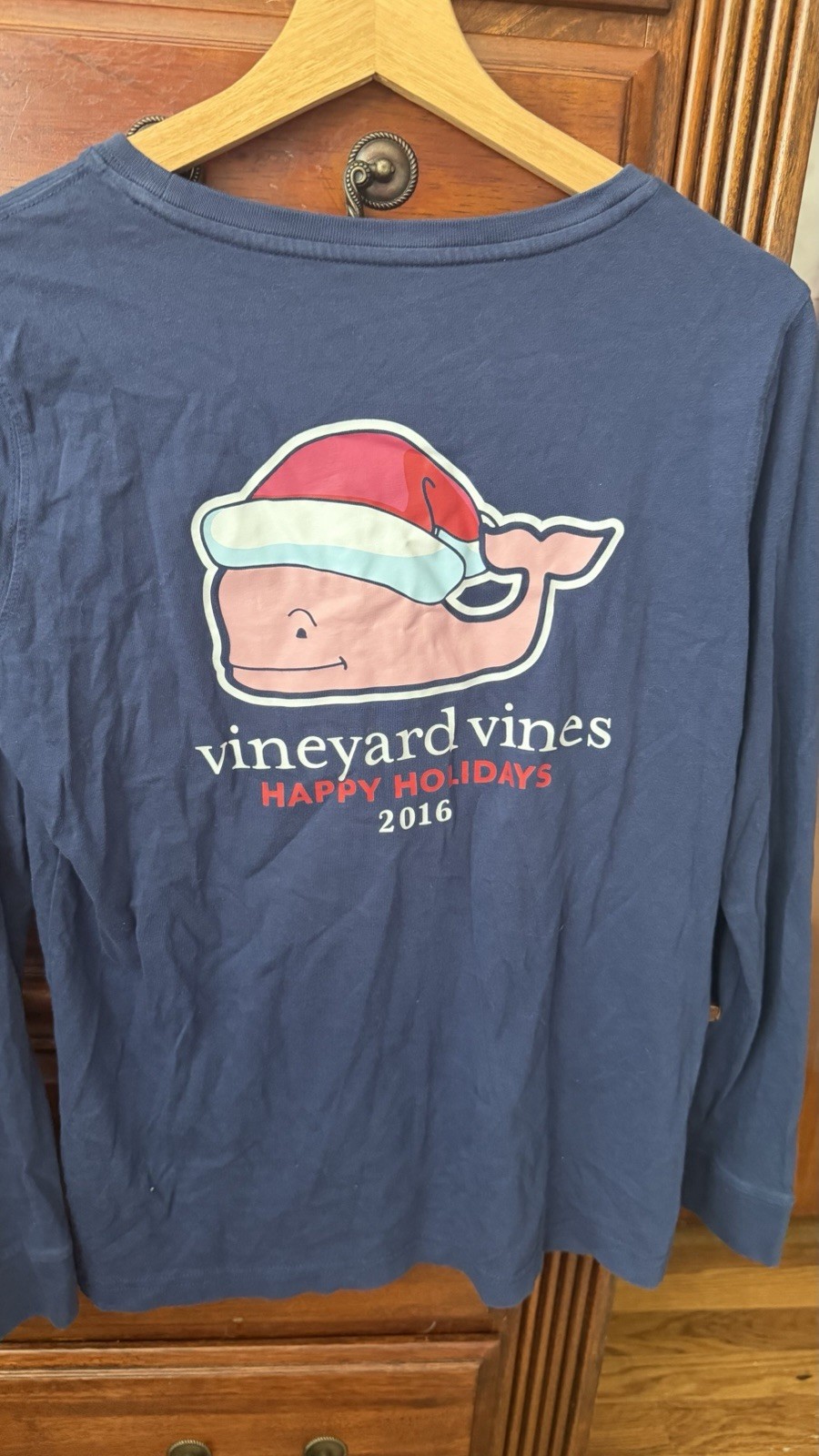 Vineyard Vines Happy Holidays 2016 Whale Graphic Pocket Long Sleeve Tee S