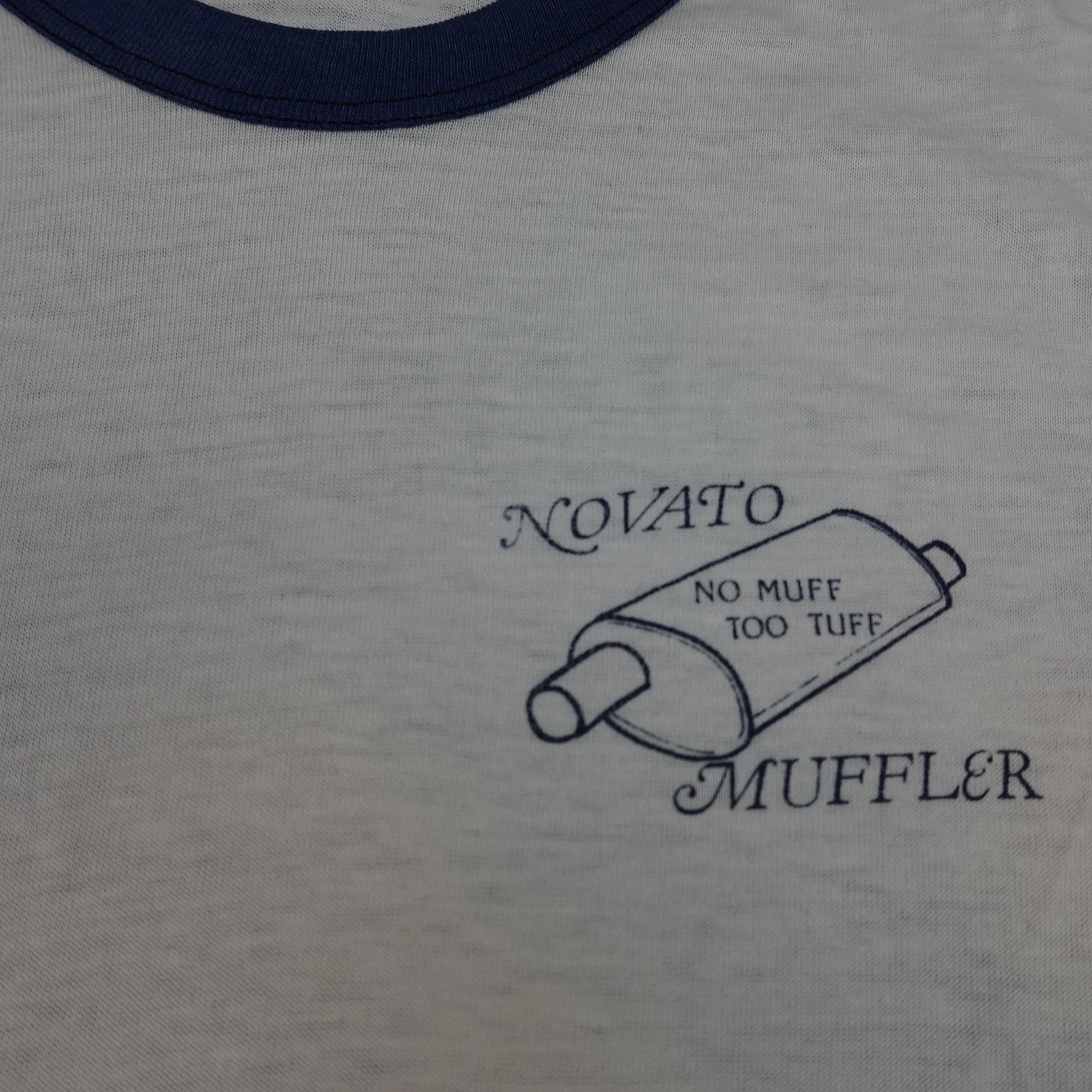 Vintage Paper Thin Novato Muffler Shirt Mens Large White Ringer No Muff Too Tuff
