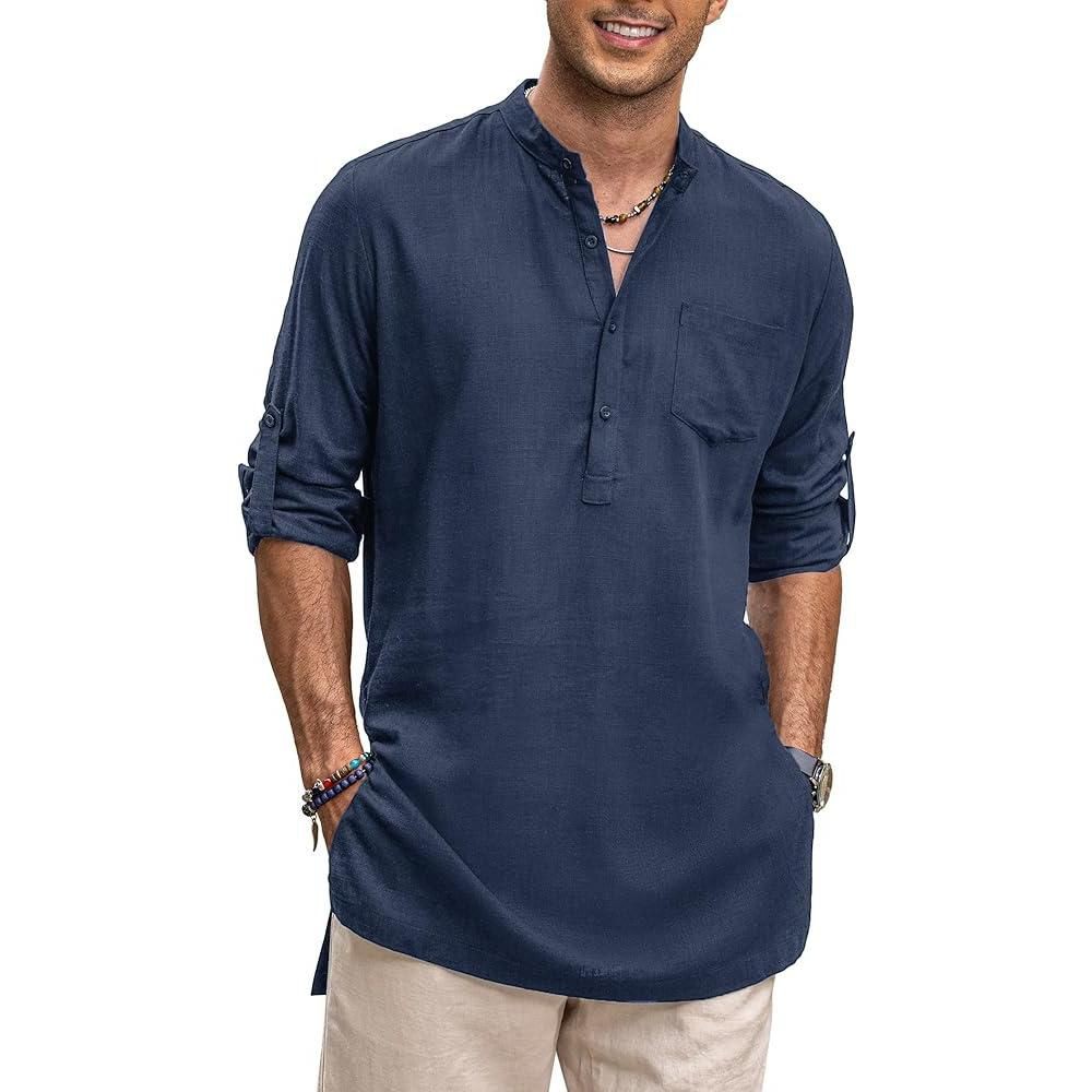 COOFANDY Men Linen Henley Shirts Long Sleeve Collarless T-Shirts Longline