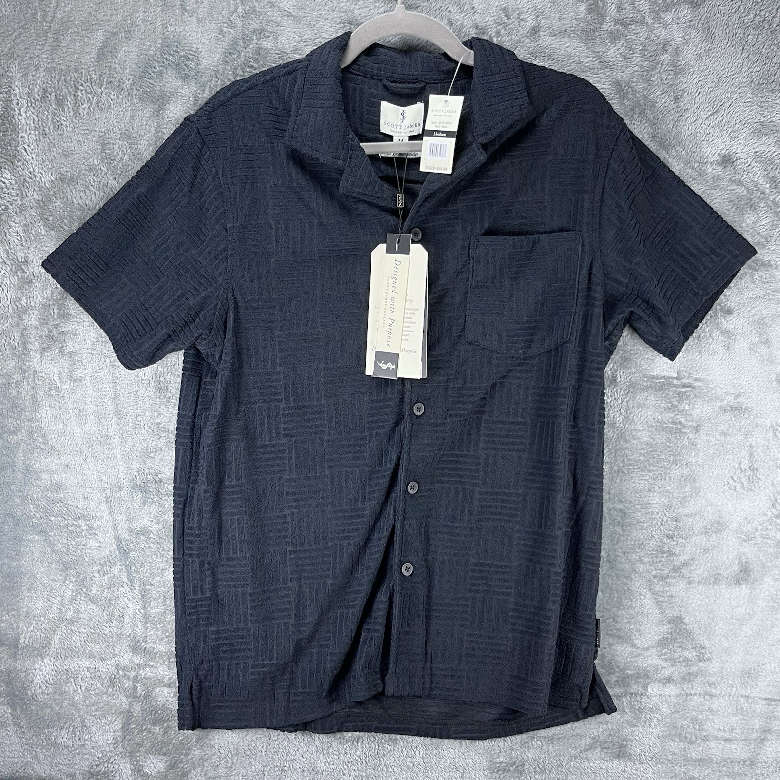 Scott James England Shirt Mens M Navy Textured Short Sleeve Button Front NWT