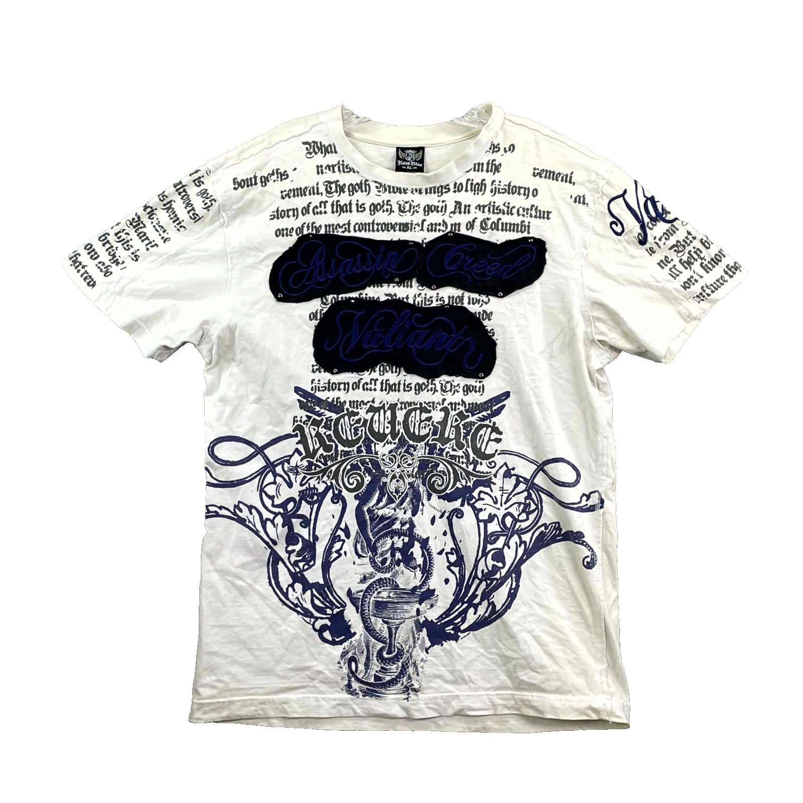 Raw Blue T Shirt Mens XL White Graphic Print Gothic Script Tattoo Grunge Y2K