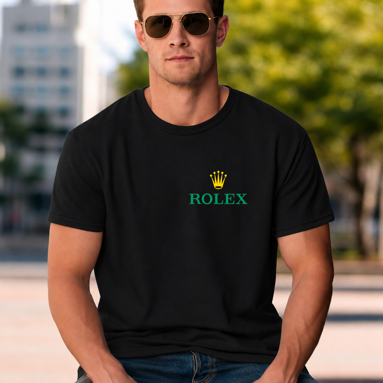Rolex Style Men Black Cotton T-Shirt Casual Streetwear Gift