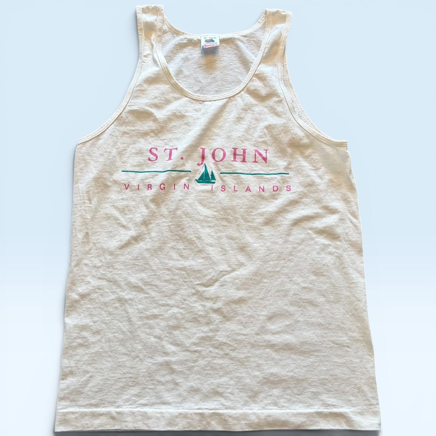 St John Virgin Islands Shirt Mens Medium White Tank Top Fruit Of The Loom Tee