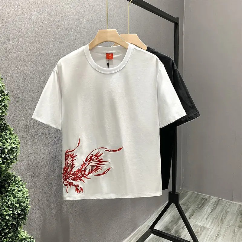 Men’s Premium Phoenix Embroidery Cotton T-Shirt Slim Fit Short Sleeve Tee