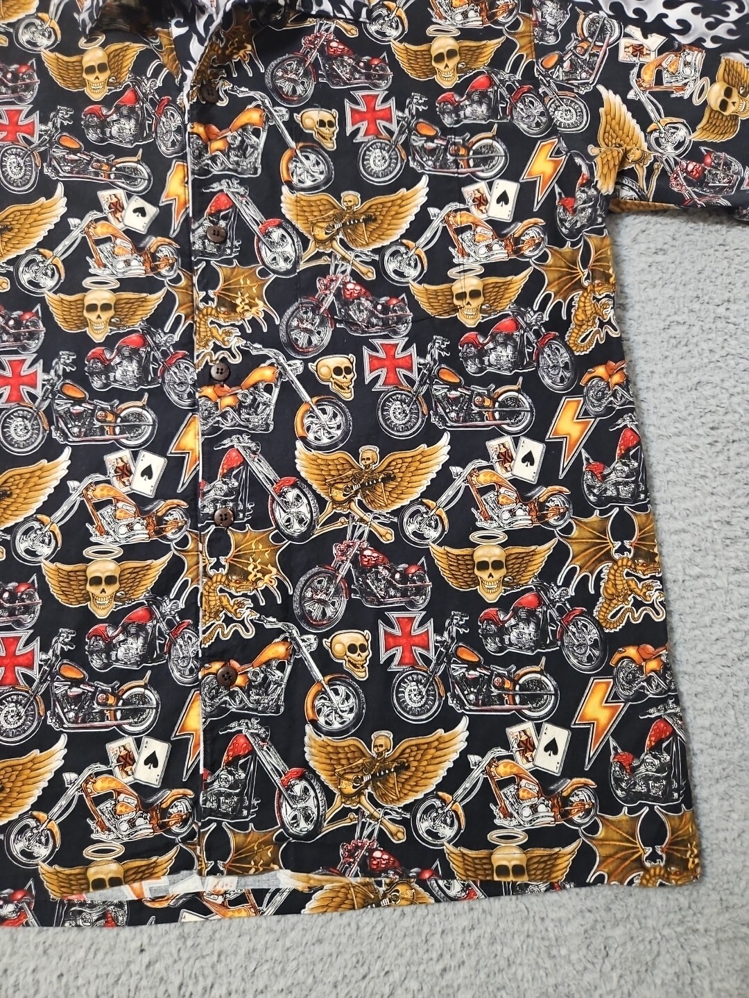 Max Boxxer Skulls Motorcycle Flames Cards Print Shirt Men’s Size Large Shirt