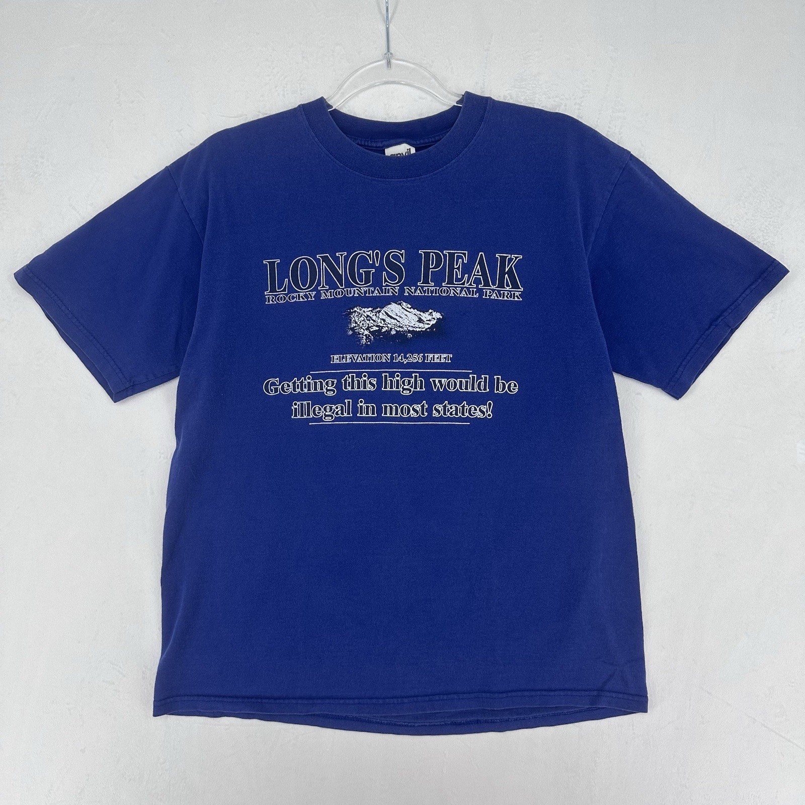 VTG Longs Peak Shirt Mens Sz M Blue Rocky Mountains Get High Colorado Hiking Tee