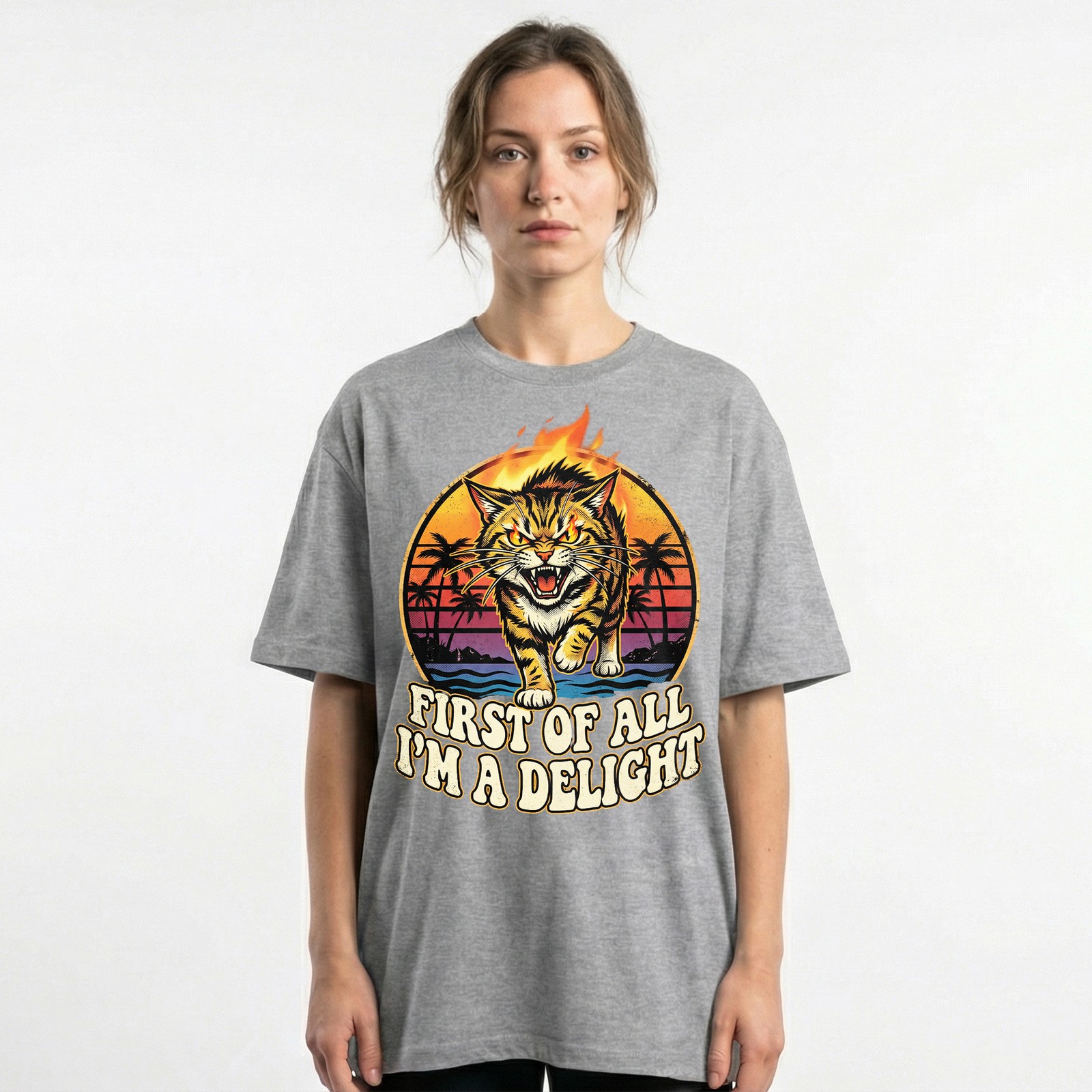 Angry Tiger Fire Eyes Tropical Beach Tee Retro Sunset Palm Trees T-Shirt