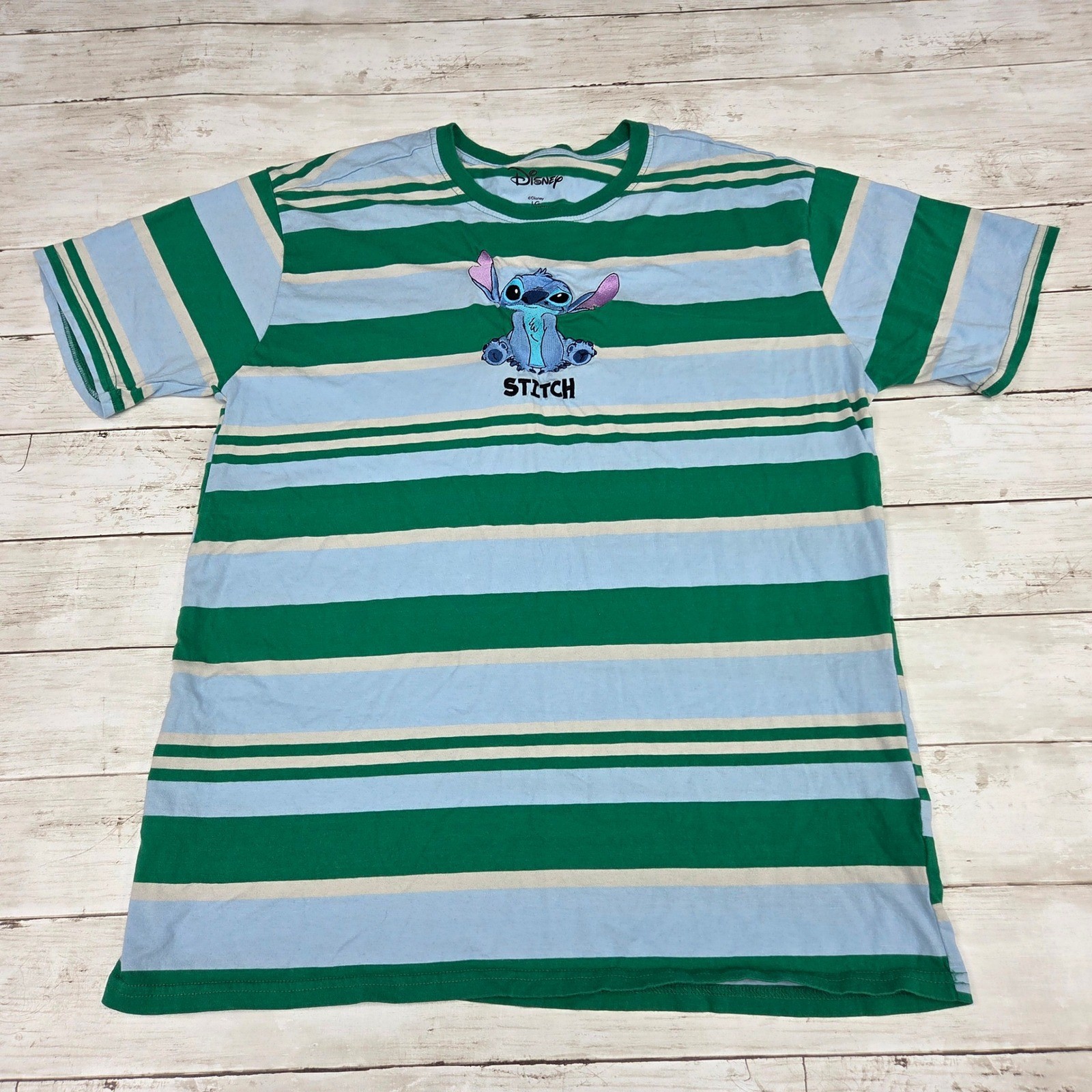 Disney T-Shirt Mens Large Green Blue Lilo & Stitch Striped Embroidered SS Tee