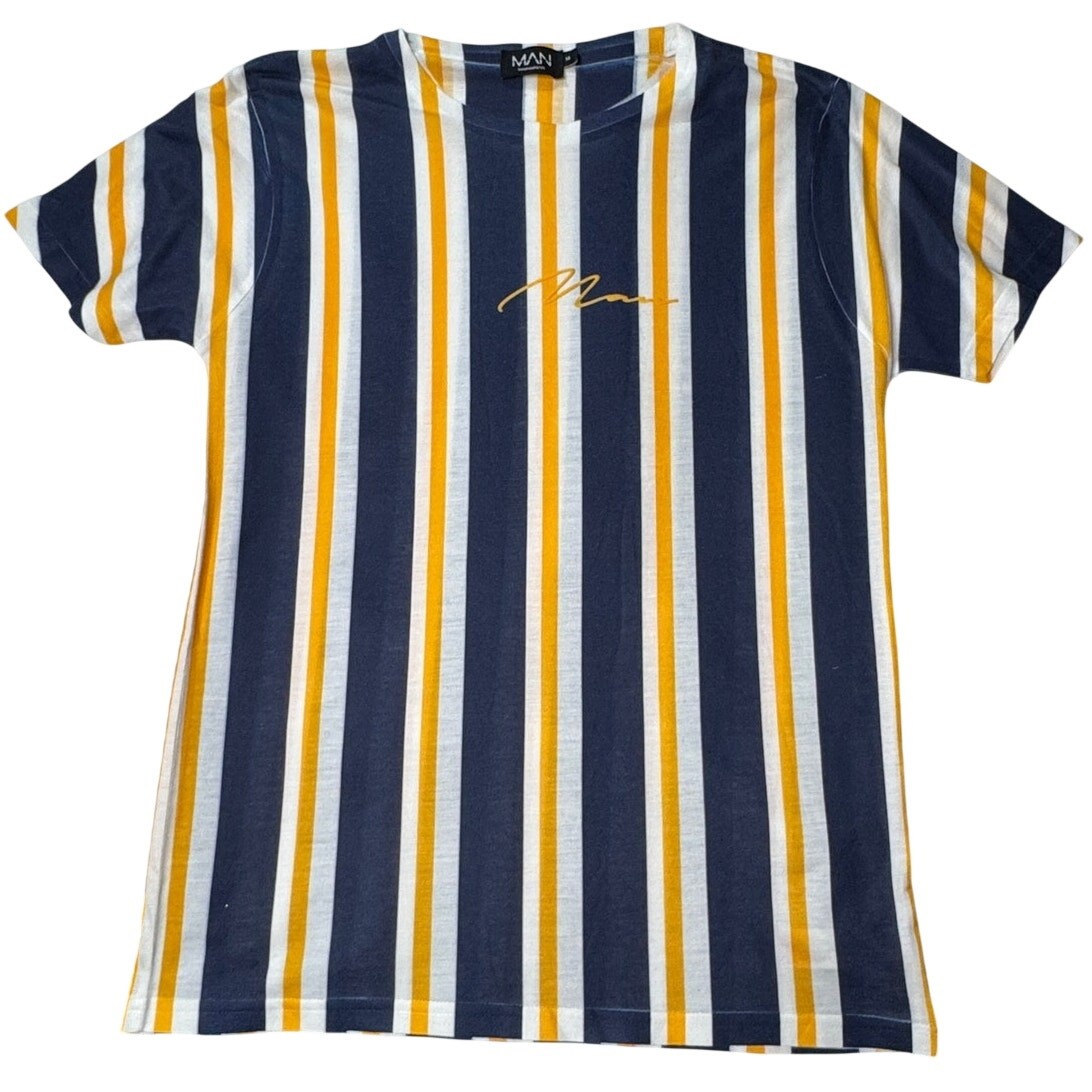 boohooMAN Mens Knit Shirt Bundle Pink Green Navy Yellow Stripe 2 Pack Medium