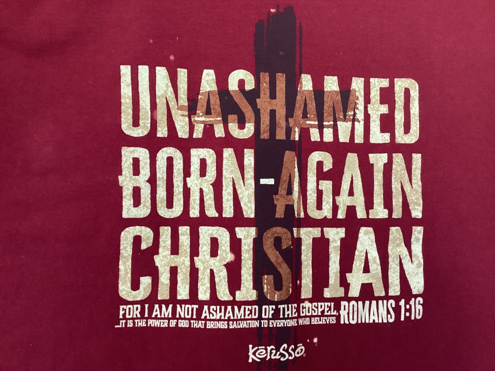 Vintage Kerusso UNASHAMED BORN-AGAIN CHRISTIAN Romans 1:16 red t shirt sz 3XL