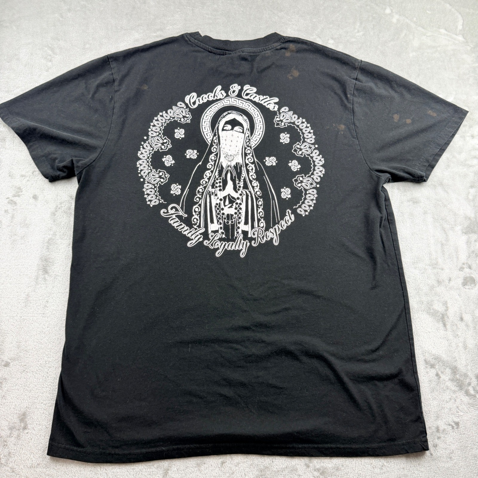 Crooks & Castles Mens Large Black Graphic T-Shirt Virgin Mary Family Loyalty Tee