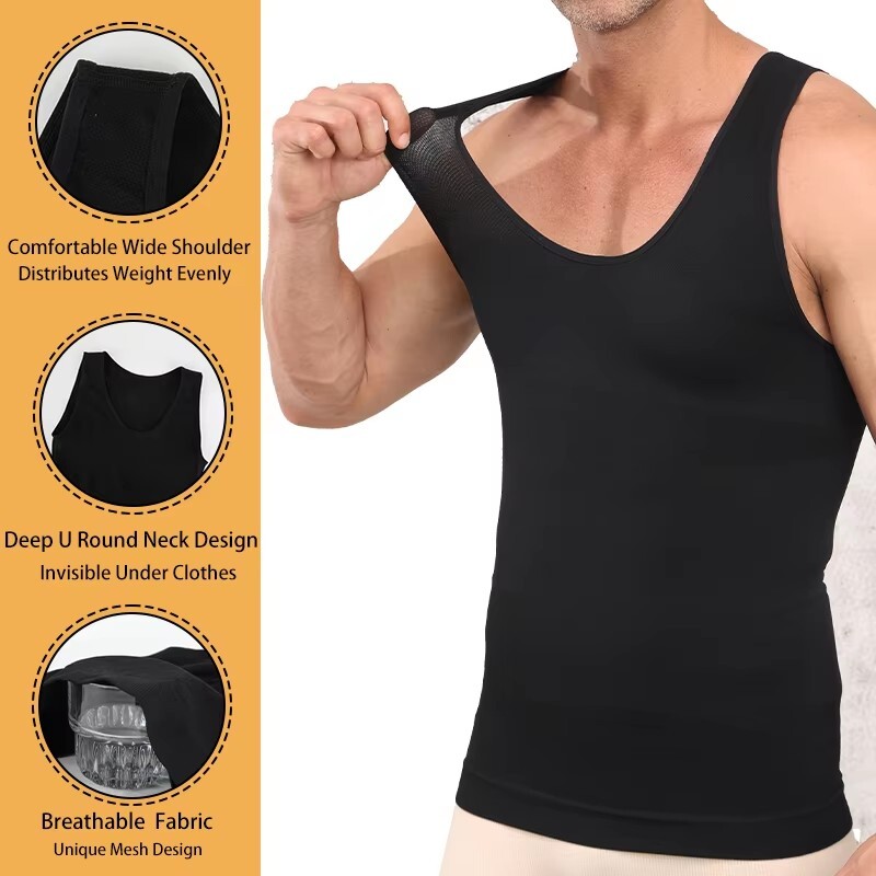 Men Compression Shirt Slimming Body Shaper Vest Waist Traner Cross Tummy Control