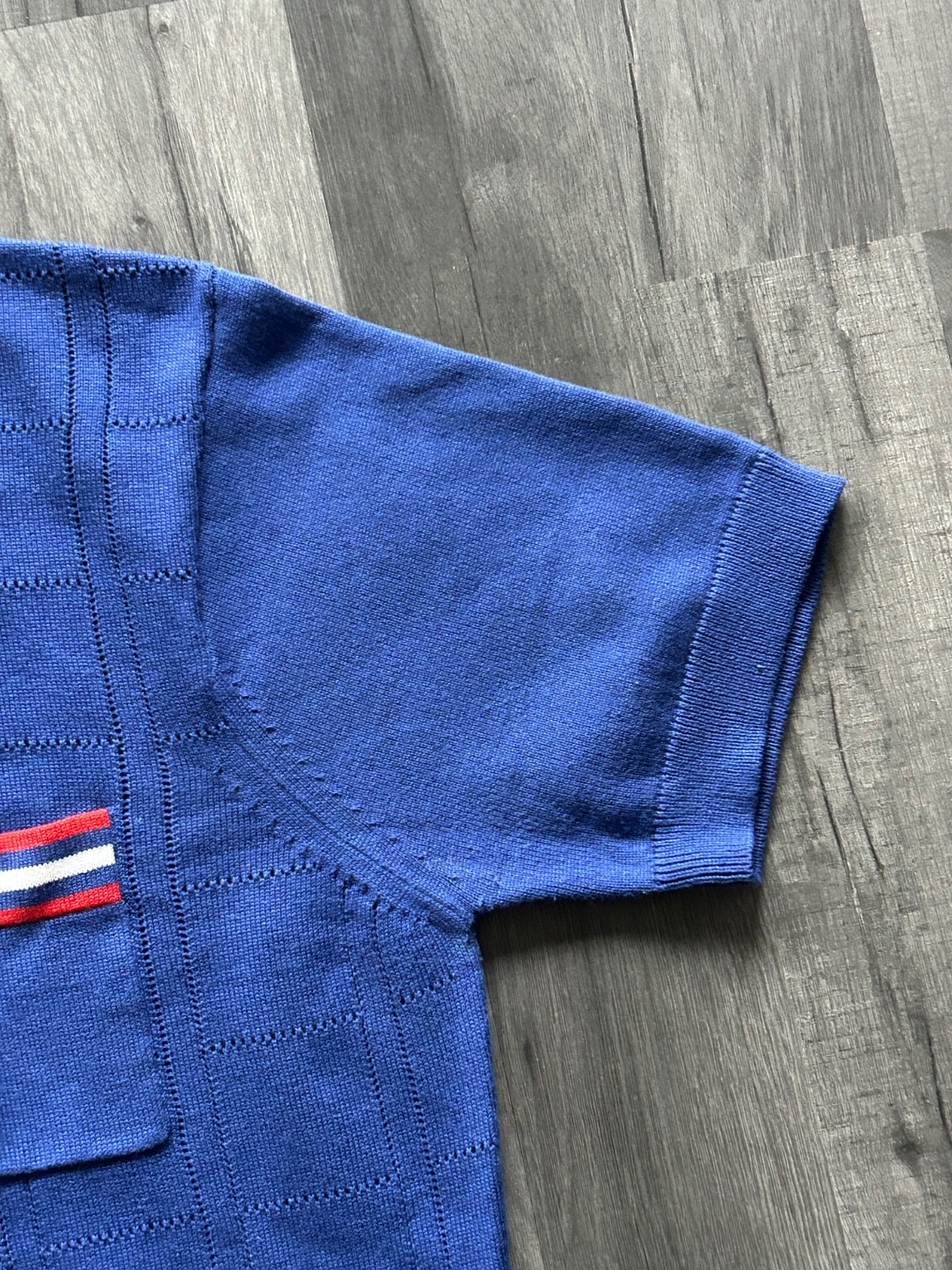 Gabicci Knit T Shirt Medium Blue Ringer High Round Neck Short Sleeve Pocket Tee