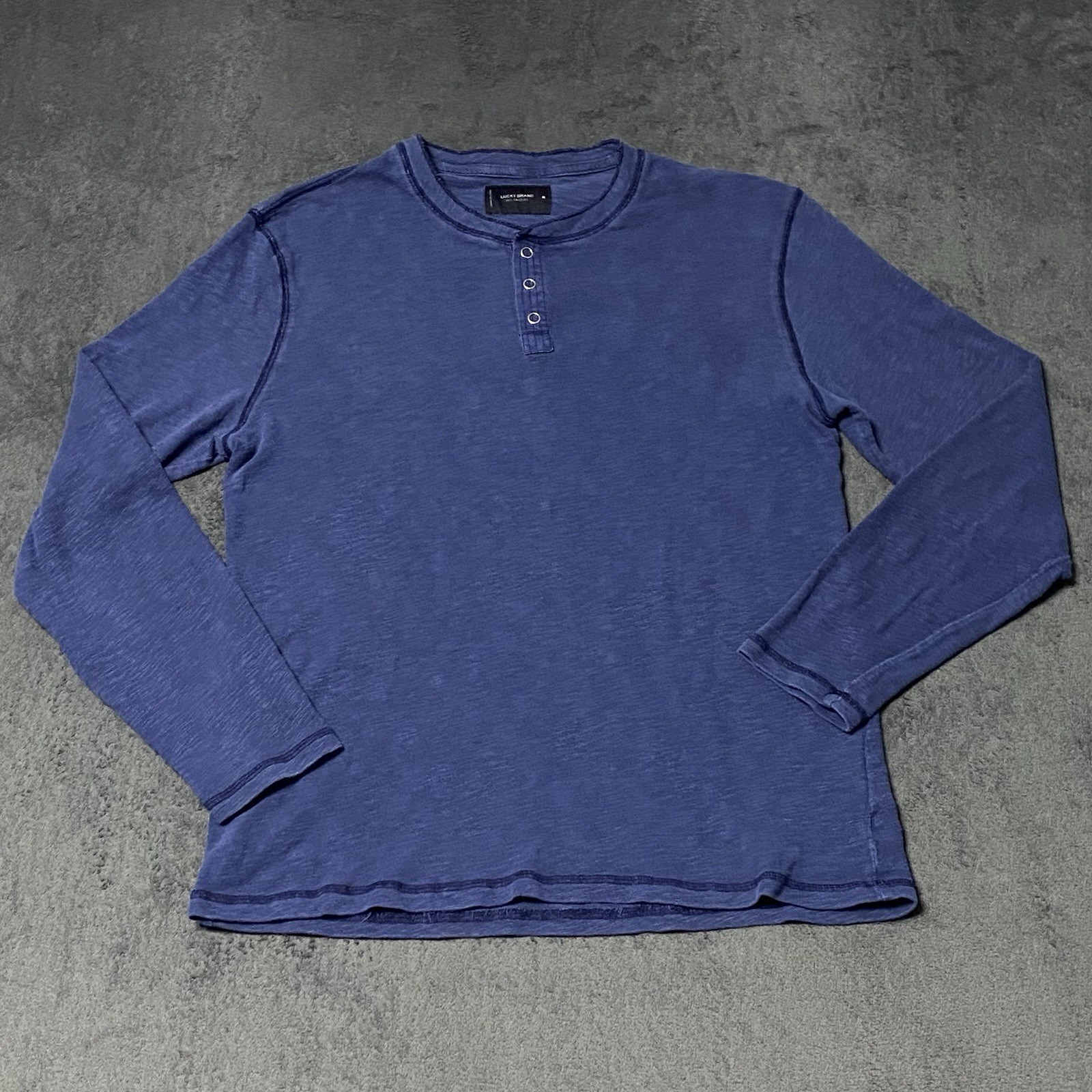 Lucky Brand Henley Shirt Mens M Blue Washed Snap Button Long Sleeve Pullover Top