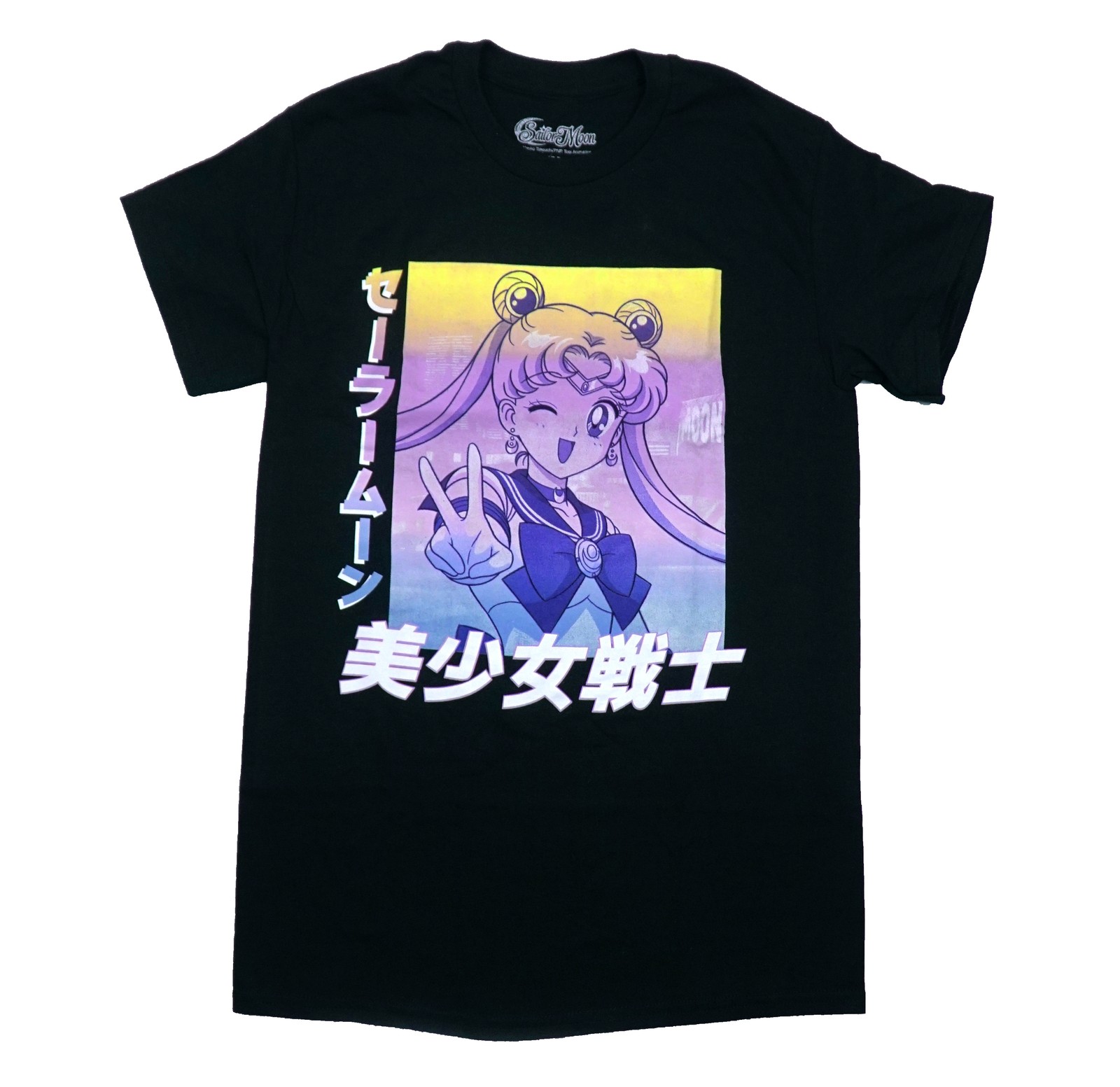 Sailor Moon Mens T-Shirt – Winking Peace Sign Kanji Color Wave