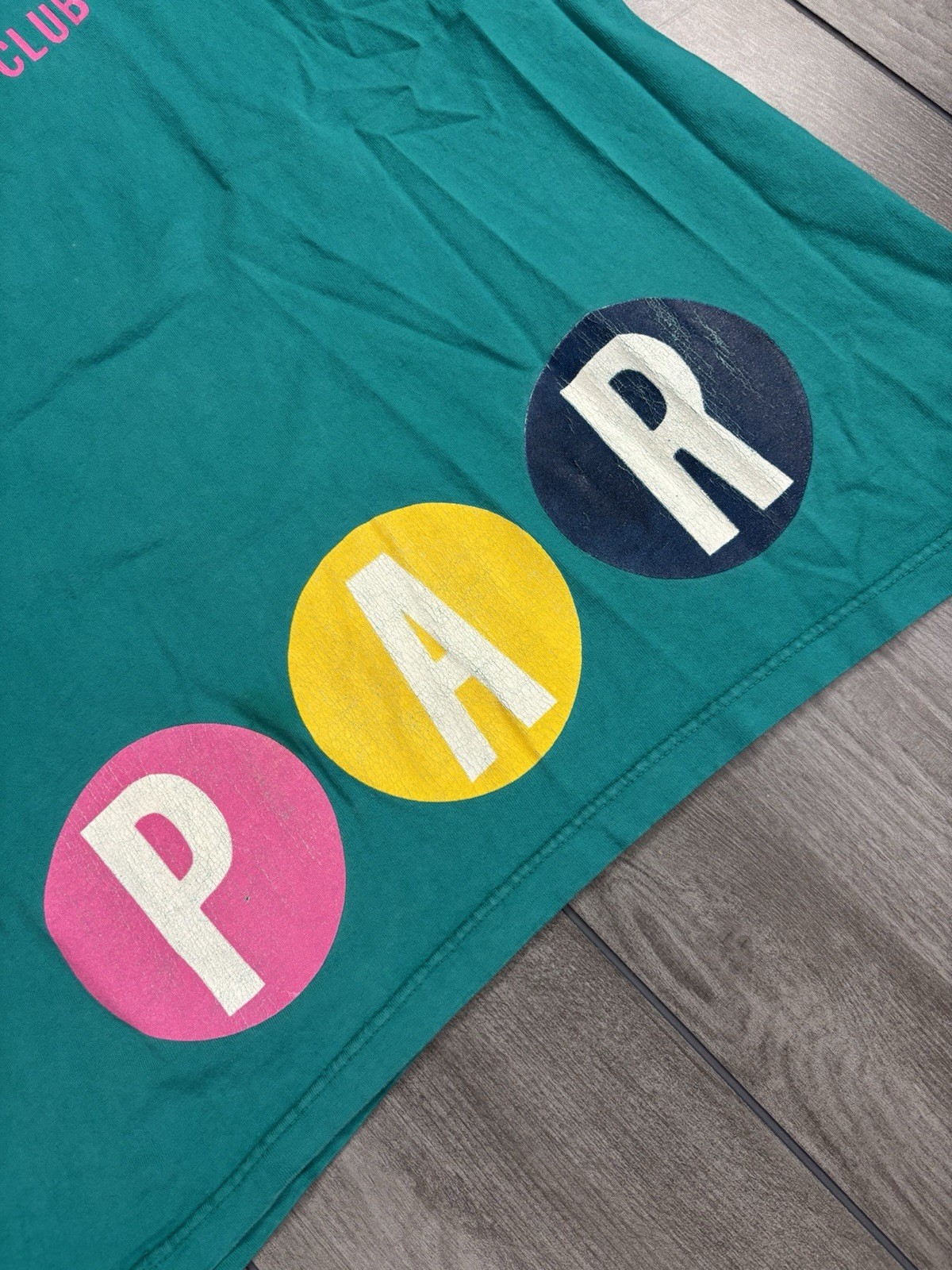 Men’s vintage Paris Sport Club teal tee with nice double graphic,L