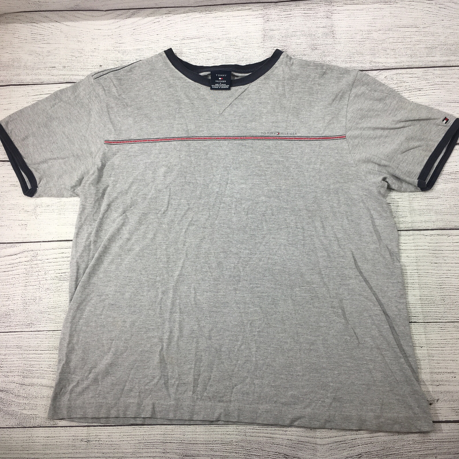Tommy Hilfiger Vintage T-shirt Solid Gray Men’s Sz L Cracked Striped Logo – R8