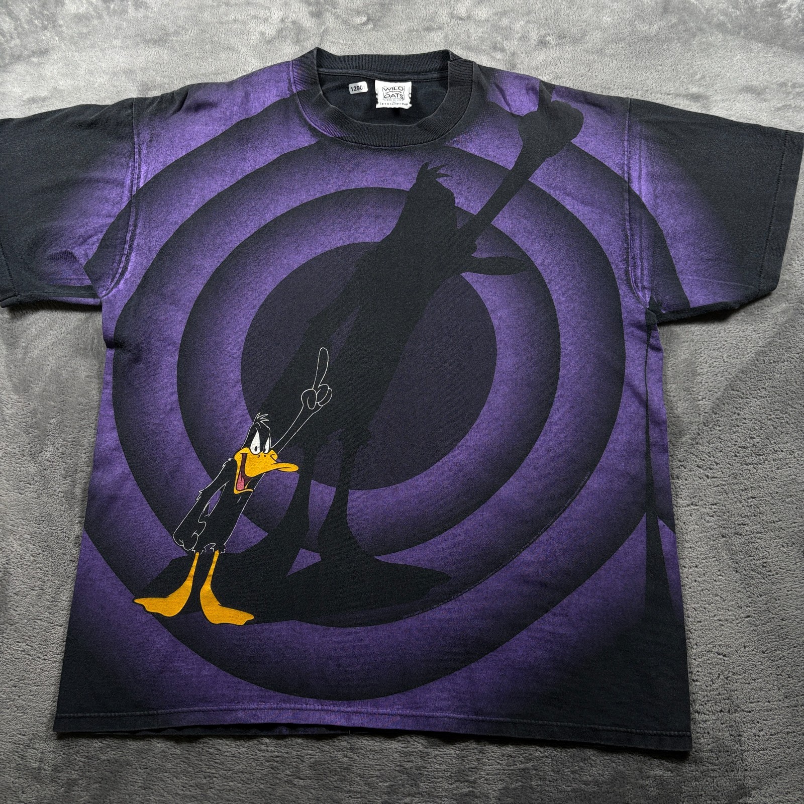 Vintage 90s Wild Oats T-Shirt Mens Large Black Purple Daffy Duck All Over Print