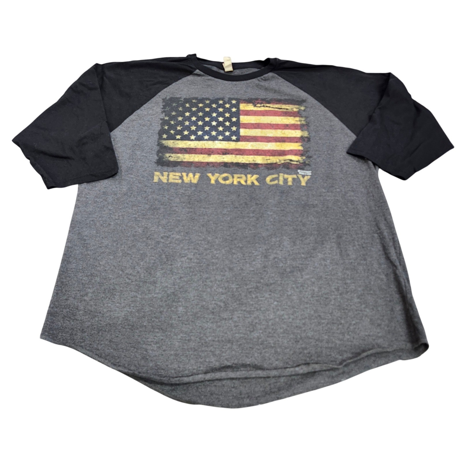 NYC Image 07 Mens XL Raglan Baseball Tee American Flag New York City Charcoal