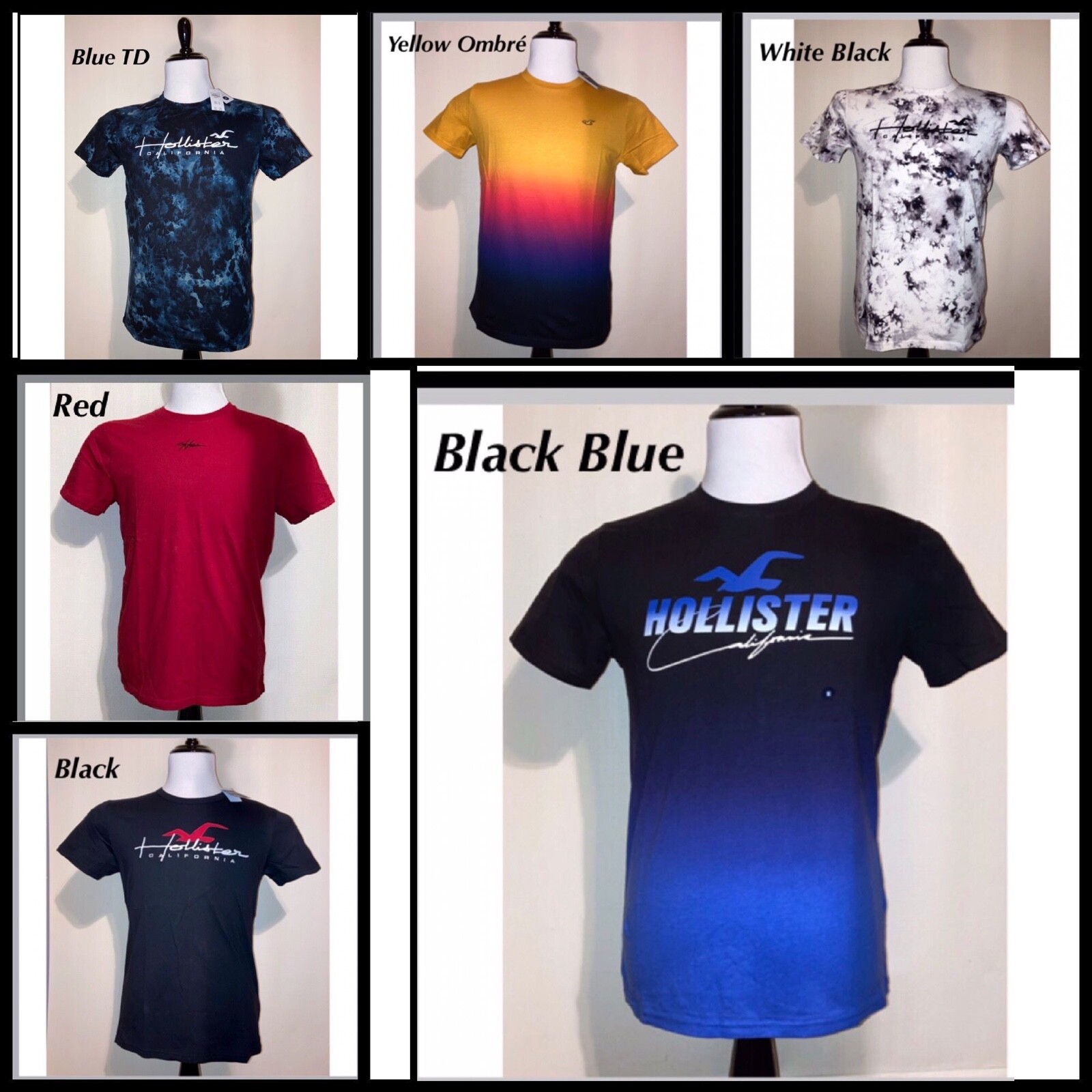 NWT Men’s Hollister Crew Tee Sz M L XL Black White Red Blue Yellow Ombré