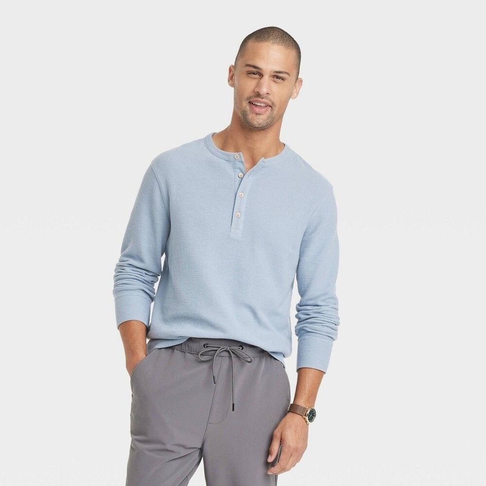 Men’s Long Sleeve Textured Henley Shirt – Goodfellow & Co™ Light Blue M