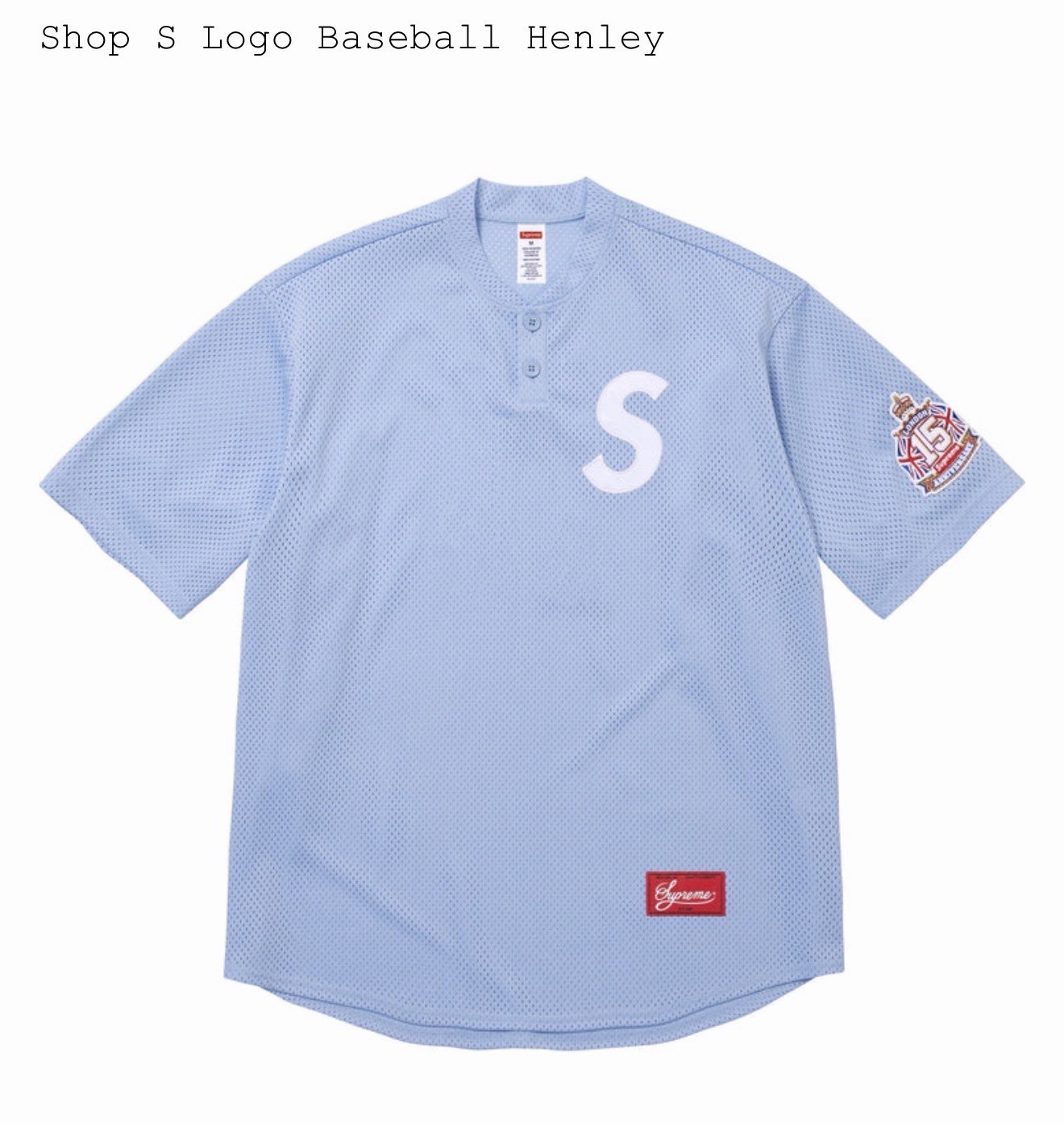 Supreme Shop S Logo Baseball Henley Men’s Blue Mesh Polyester Short Sleeve
