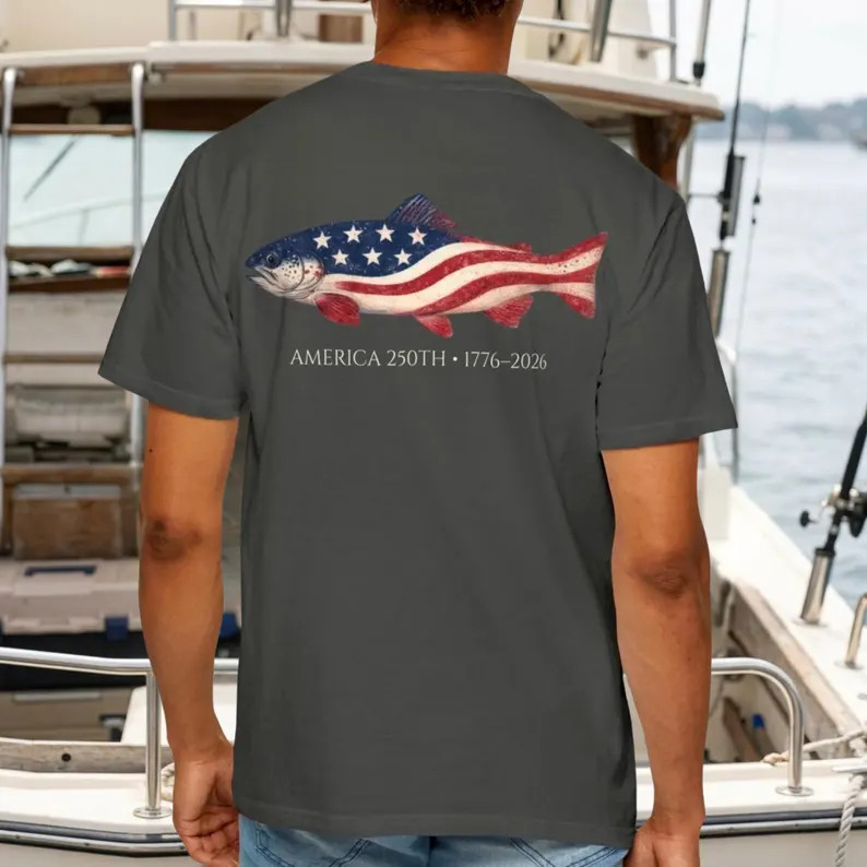 America 250th Fishing Shirt Patriotic Trout USA Flag Fisherman Tee
