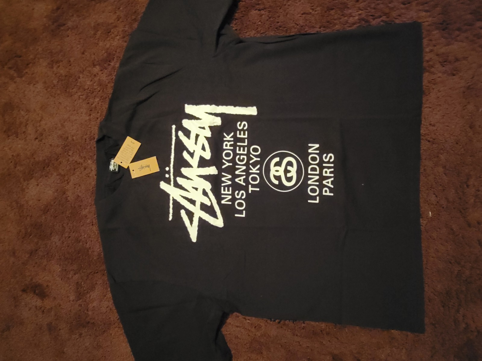 Stüssy Men’s Black Graphic Logo World Tour Crew Neck T-Shirt Short Sleeve L