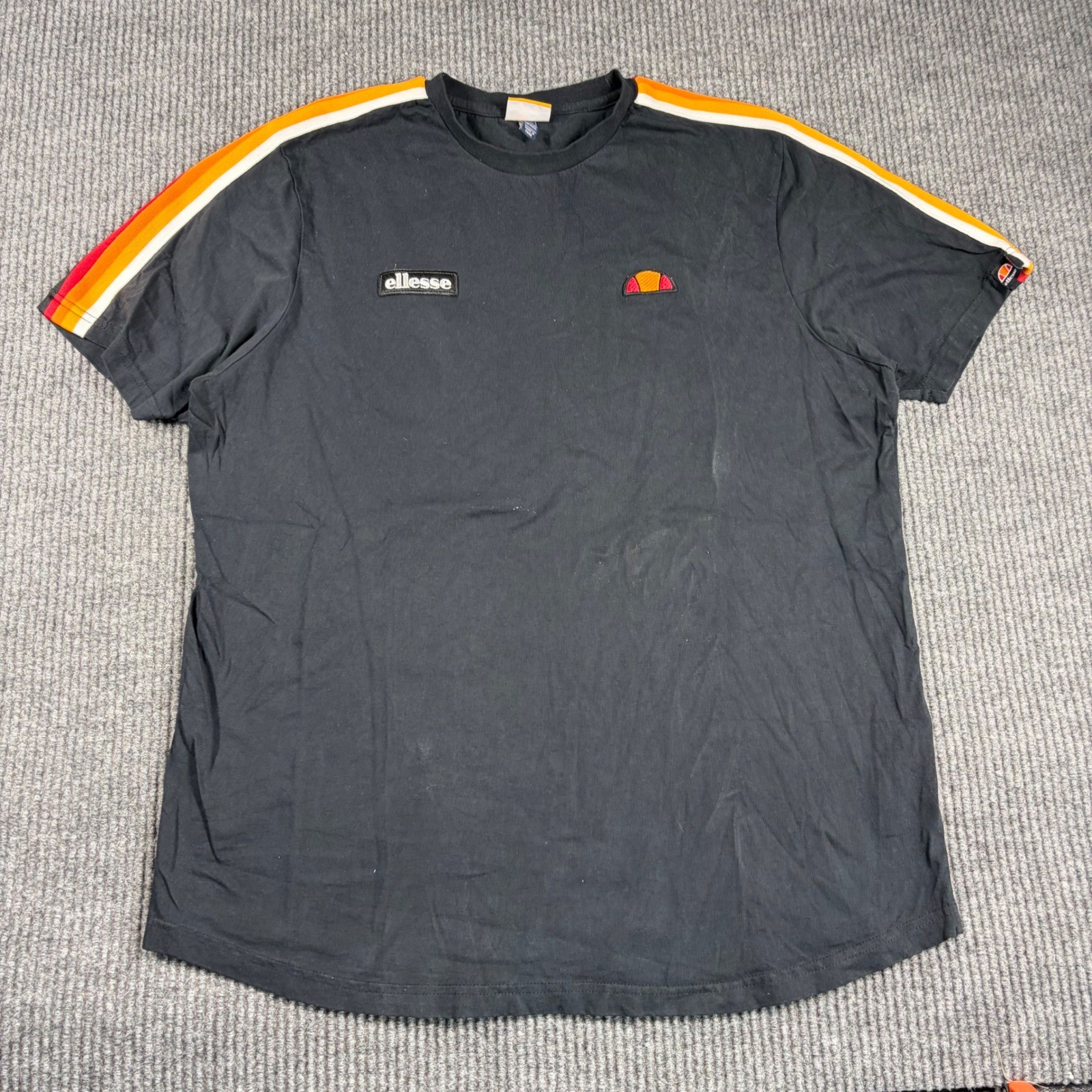 Ellesse Shirt Mens XXL Black Short Sleeve Retro Stripe Shoulder Logo Tee