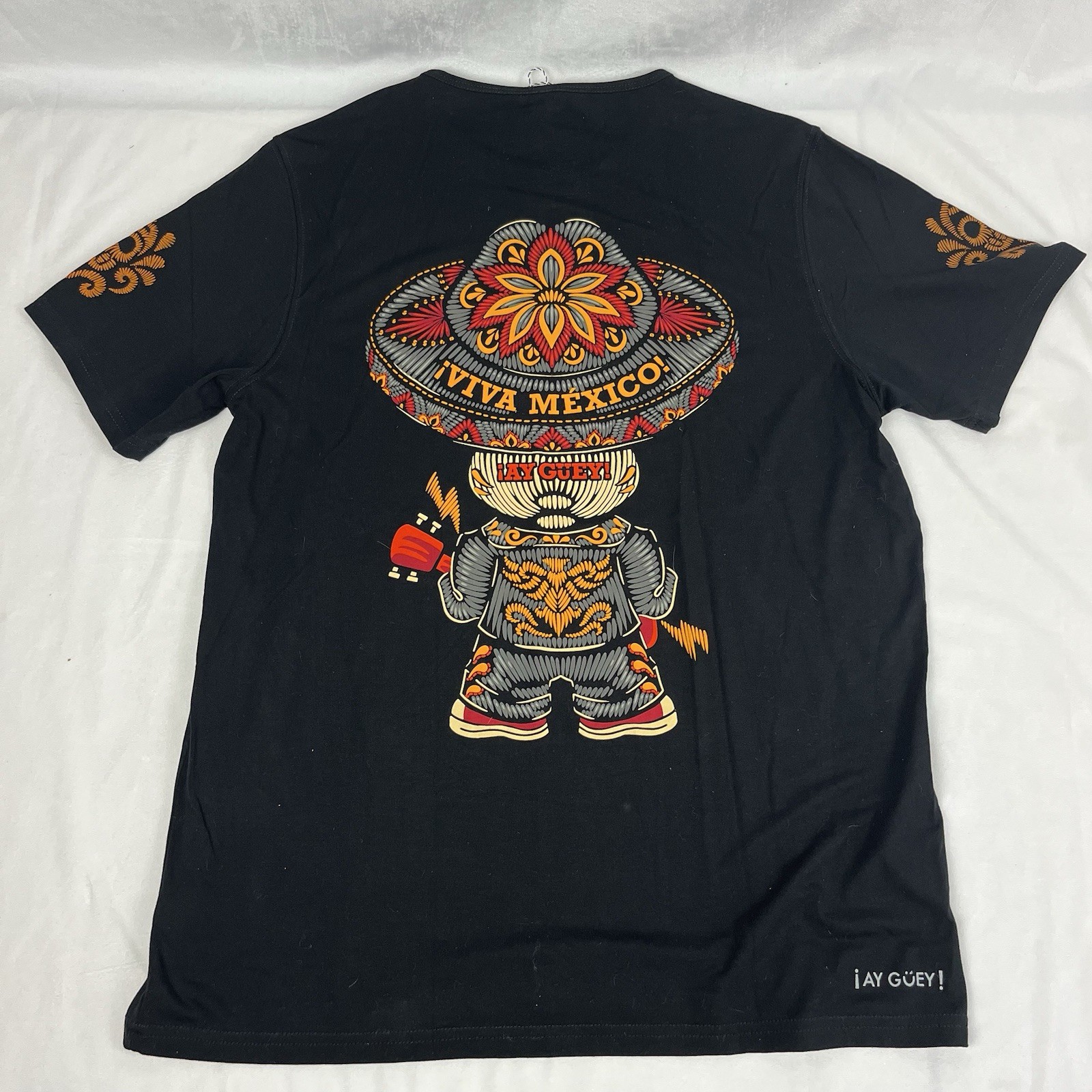 AY GUEY “Chapatin” Men’s Beaded Short Sleeve Tee Mexican Skull Mariachi Black XL