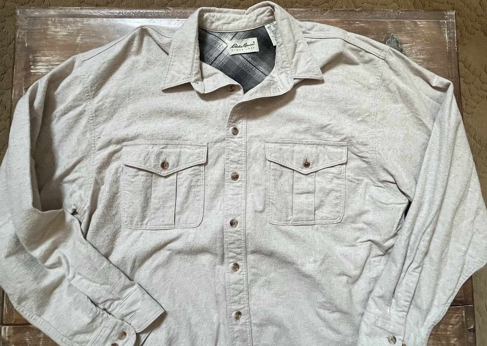 Vtg 90s Eddie Bauer-Oatmeal Chamois Brushed Flannel Button Shirt-Button 2 XXL-T