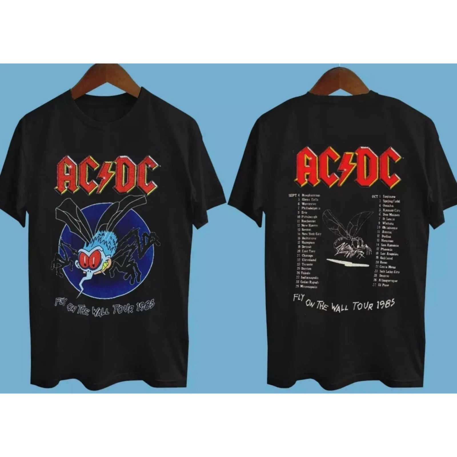 AC DC 1985 Fly On The Wall Tour Shirt Vintage Rock Band Mens Black Tee
