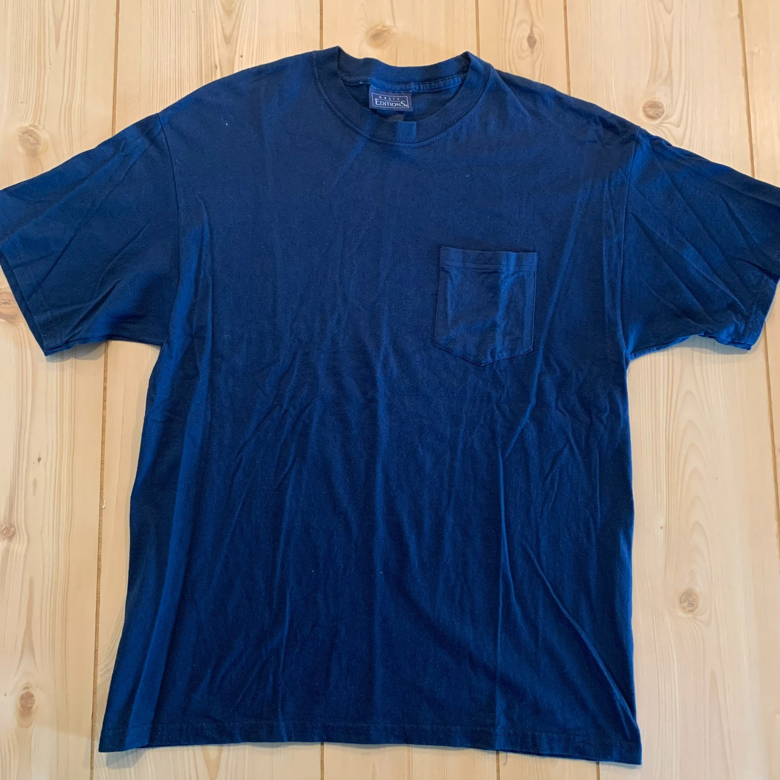 Vintage Y2K Basic Editions Retro Solid Plain Blank Navy Blue Pocket T-Shirt M