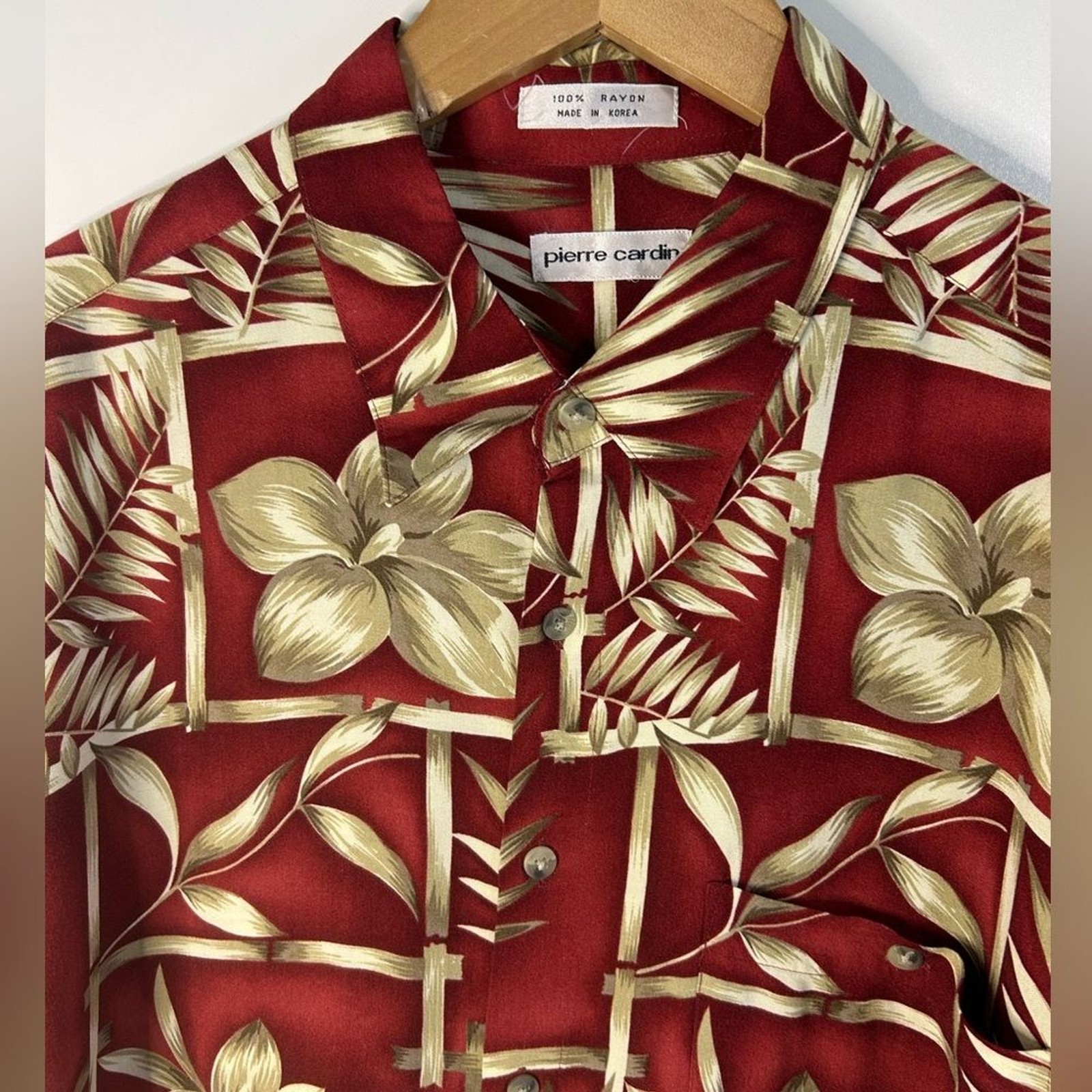 Pierre Cardin Casual floral. Red and Cream Button Down Shirt. 100% Rayon .