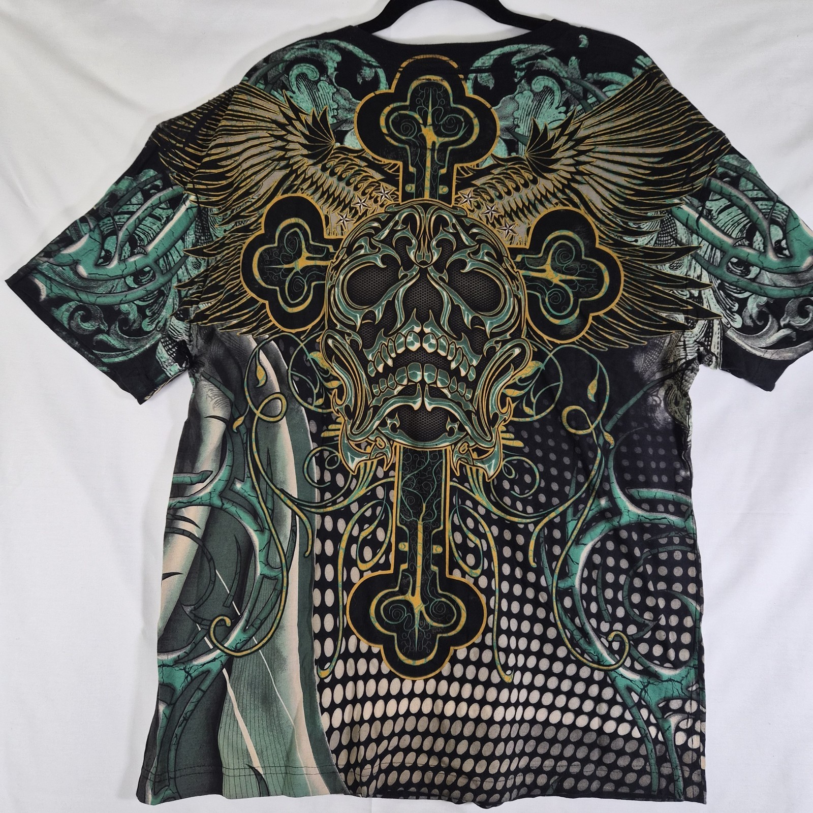 Last Hold Skull Cross Graphic T-Shirt Mens XL Black Green Gold Foil Gothic…