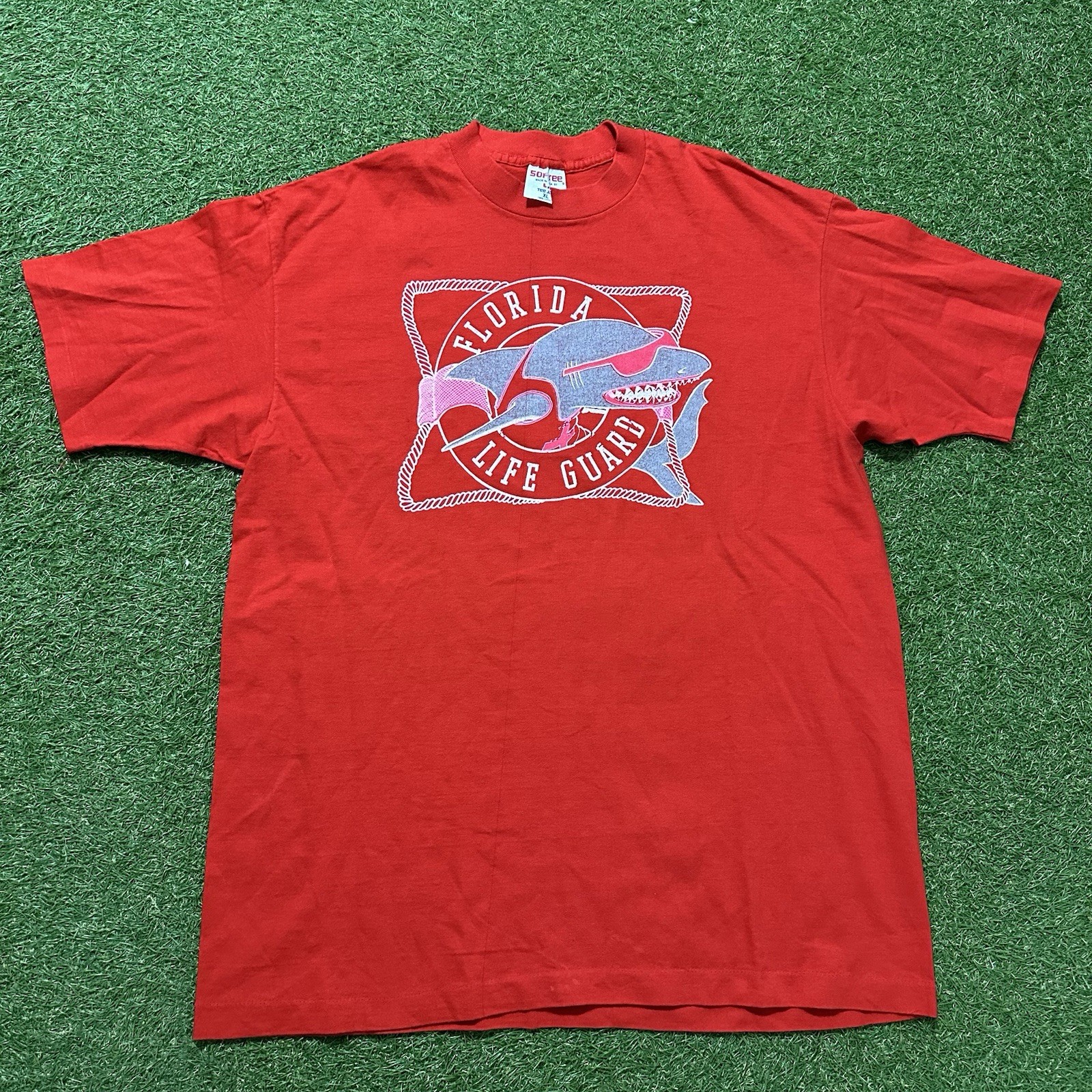 Vintage 90s Florida Lifeguard T Shirt Mens XL Shark Graphic USA Tee Red