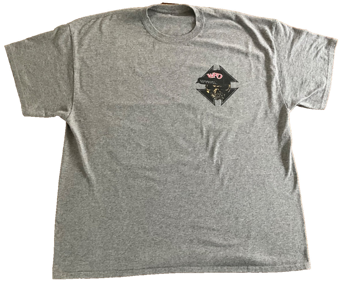 Vtg Style WFO Apparel Biker T-Shirt XXL Gray Living Life Wide Open Skull Pistons