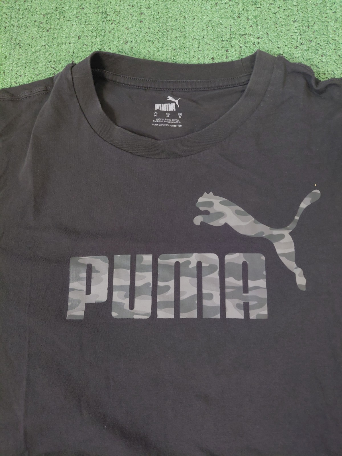 Puma Black & Gray Camo Text Logo Forever Better T Shirt Sz Medium