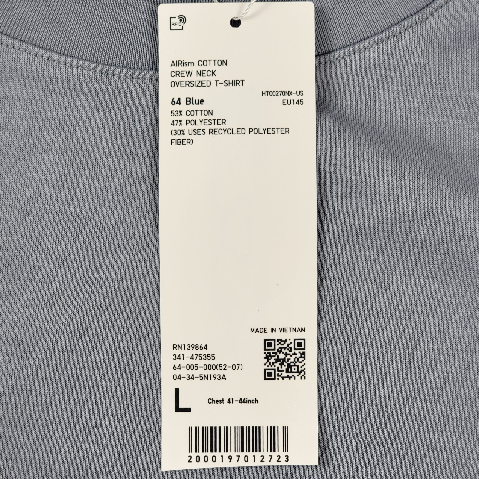 Uniqlo U Airism Cotton Oversized T-Shirt Gray Blue Size L Men’s Crew Neck 1164