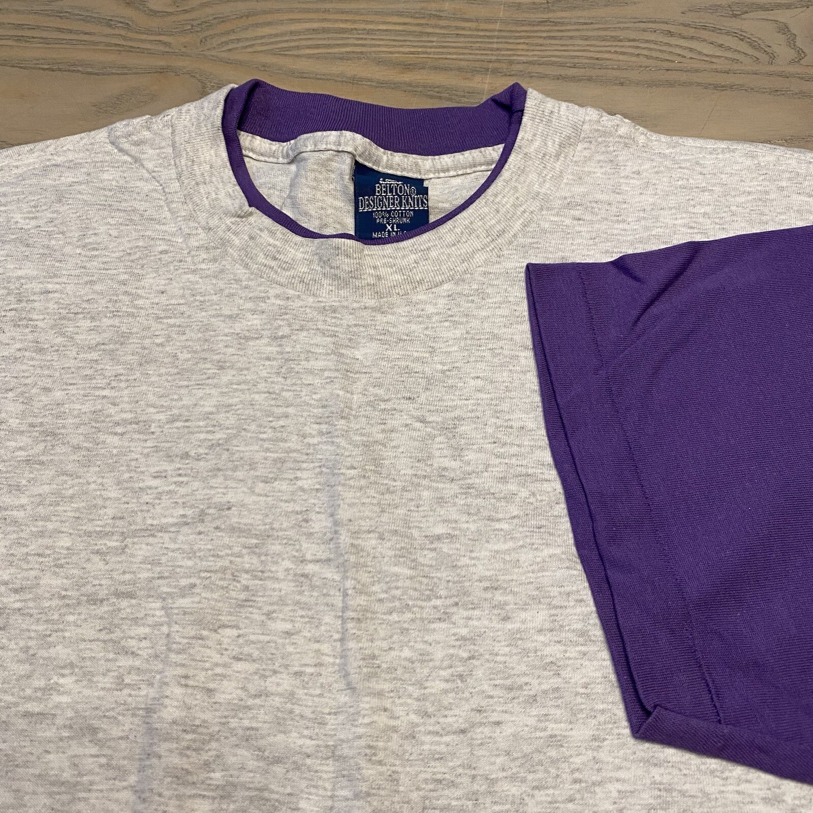 VTG Belton Designer Knits Gray Purple Contrast Sleeves Mens XL Single Stitch USA
