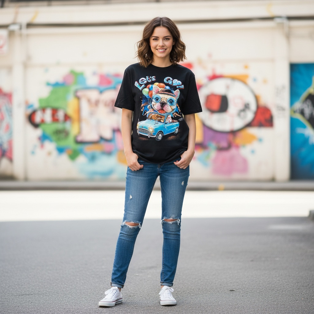 Cute French Bulldog T Shirt Double Sided Graphic Black 100% Cotton Tee S M L XL