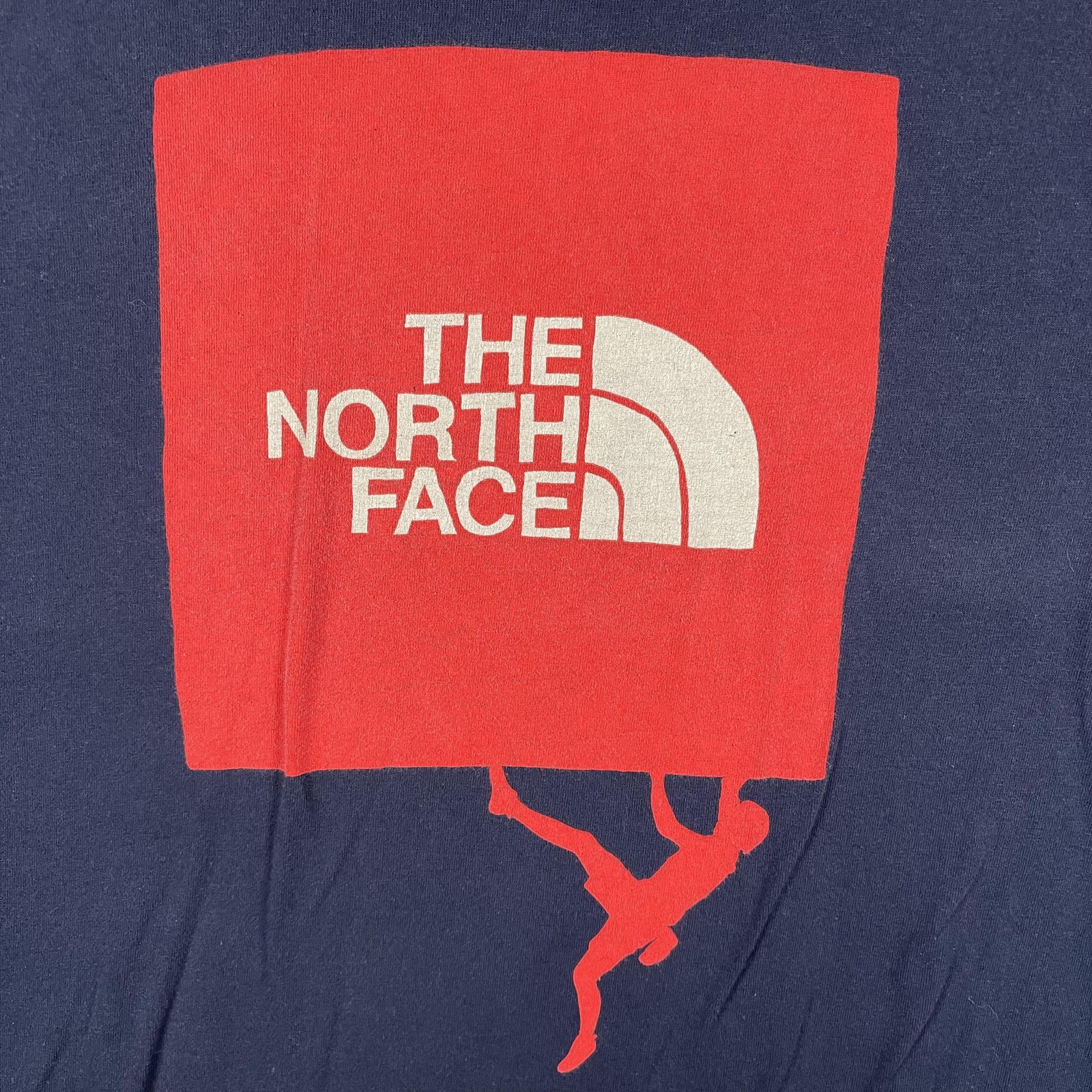 The North Face Shirt Mens Medium Navy Blue Red Climber Logo Tee Hanging Man