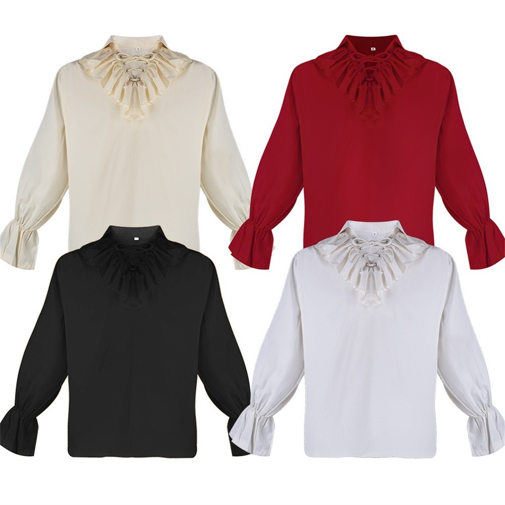 Medieval Lapel Pleated Puffy Sleeve Shirt Men Vintage Long Sleeve Cosplay Shirts