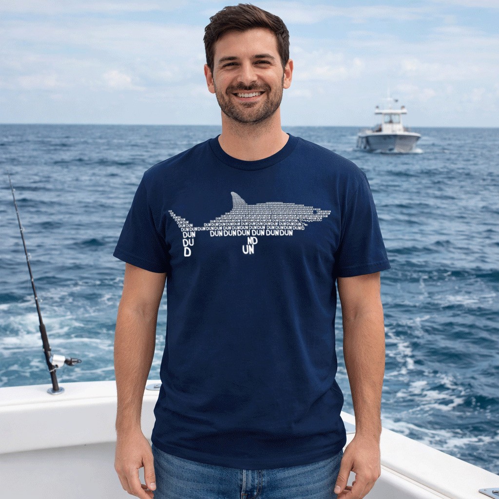 Mens Dun Dun Shark Theme T-Shirt Cool Graphic Great White Music Text Tee