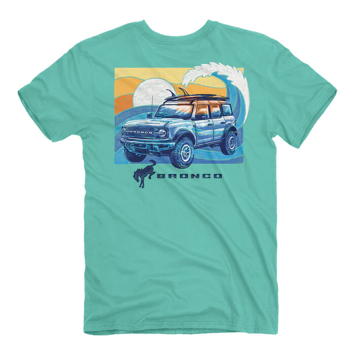 Celadon Green T-Shirt w/ 2021 2022 Ford Bronco Beach Tidal Wave Sunset Scene