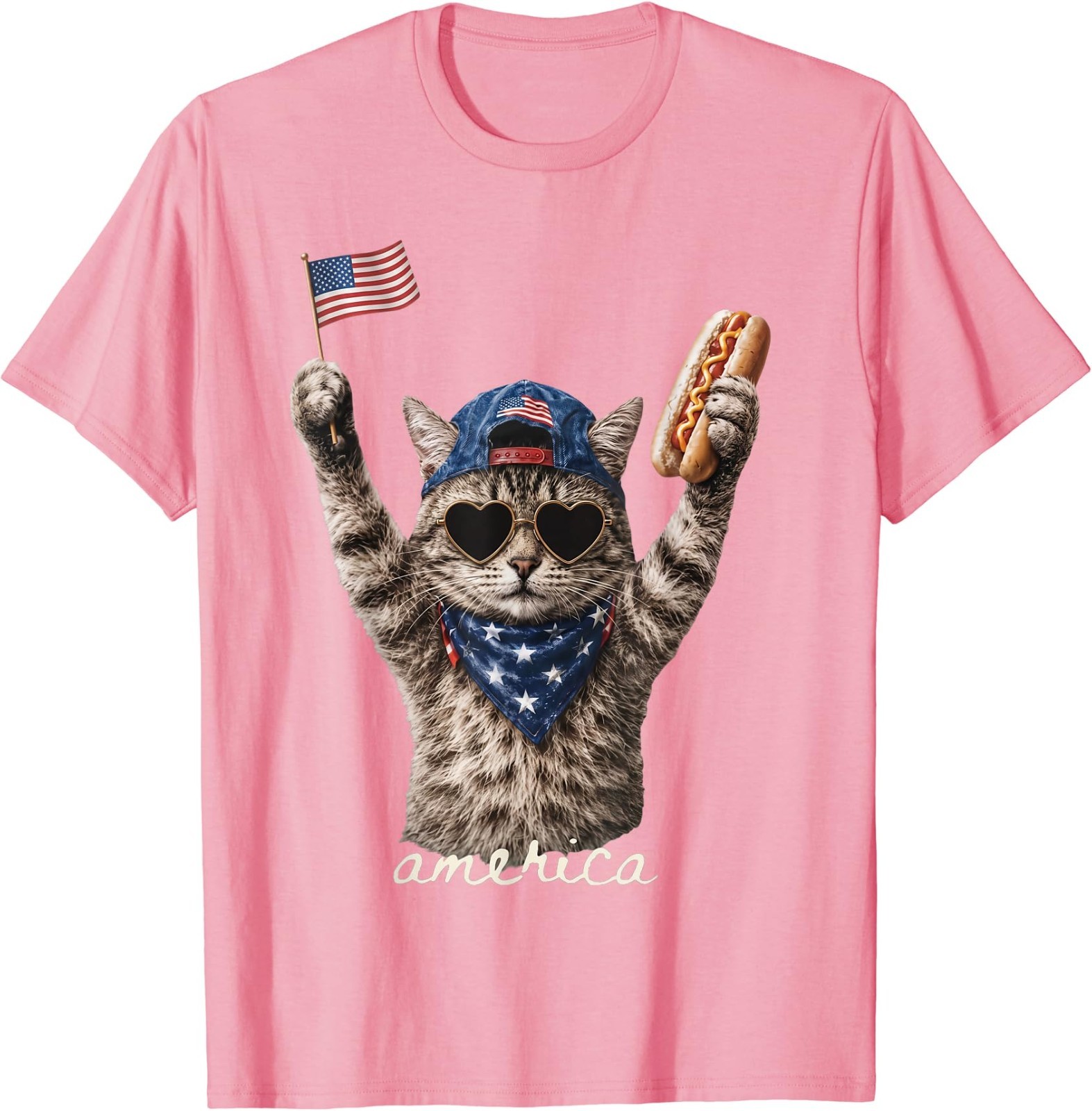 Retro Funny America Cat Hot Dog Lovers Patriotic US Flag T-Shirt