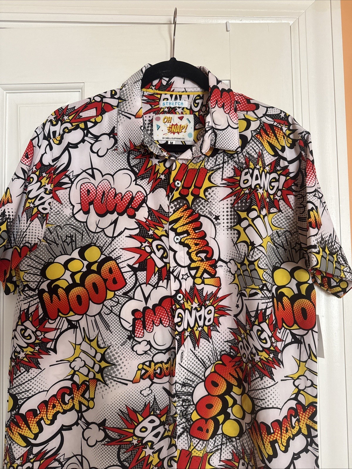 Oh Snap Drill Clothing Comic Pop Art Shirt Mens M Stretch Button Up Bang Pow
