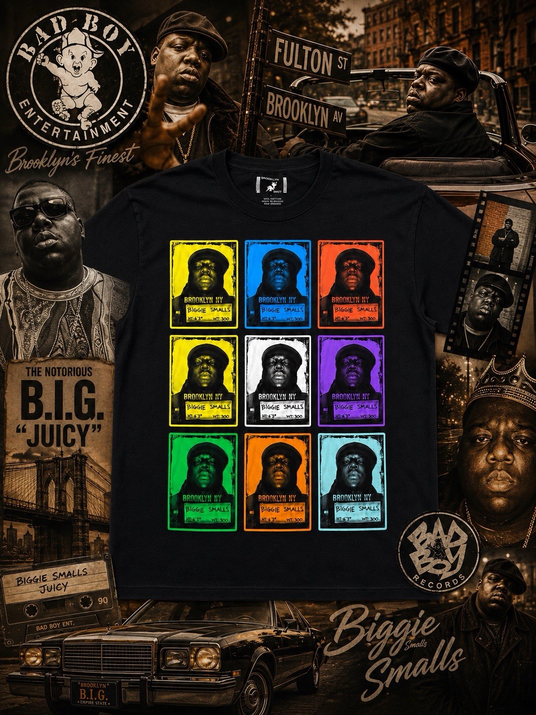 Brooklyn Mint Biggie Smalls 9 Panel Mug Shot Graphic T-shirt Men L Rap Tee VTE