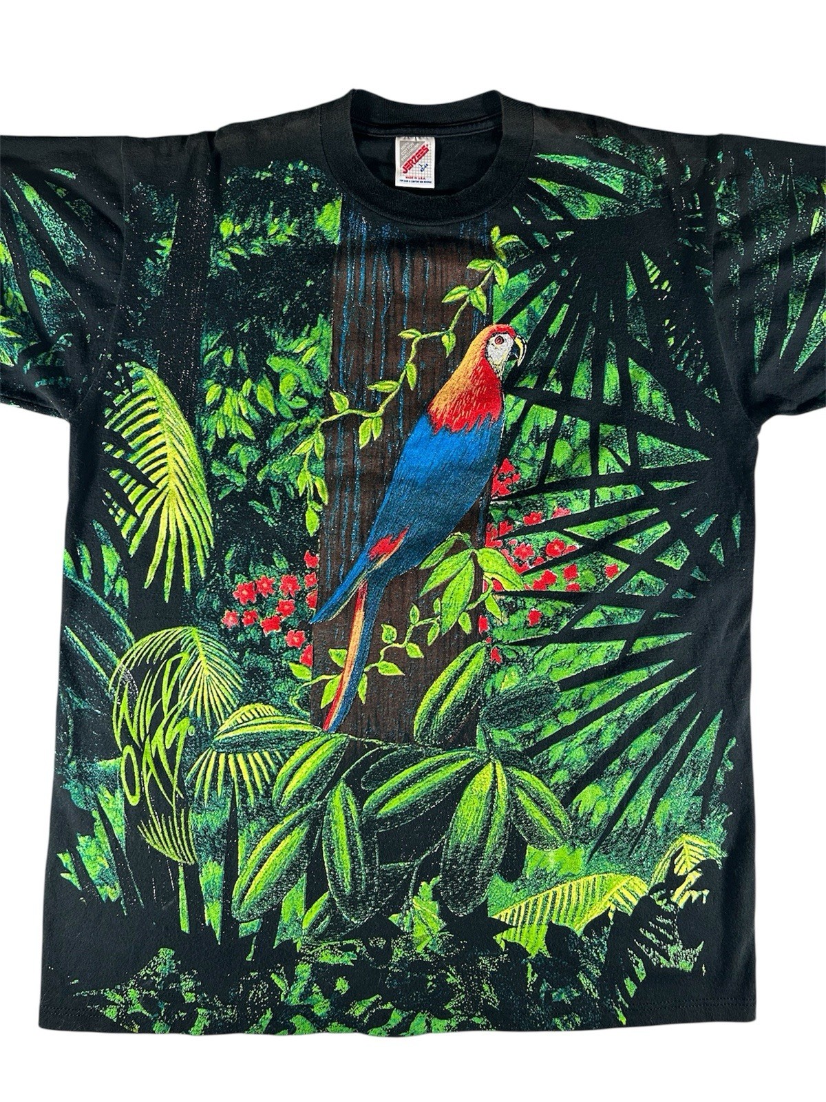 Vintage 90s Wild Oats Jerzees Jungle Parrots Rainforest AOP Tee Shirt SZ Large
